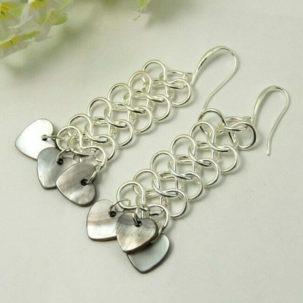 Handmade Silver Chainmail Dangle Earrings Hearts Mother of Pearl Shell